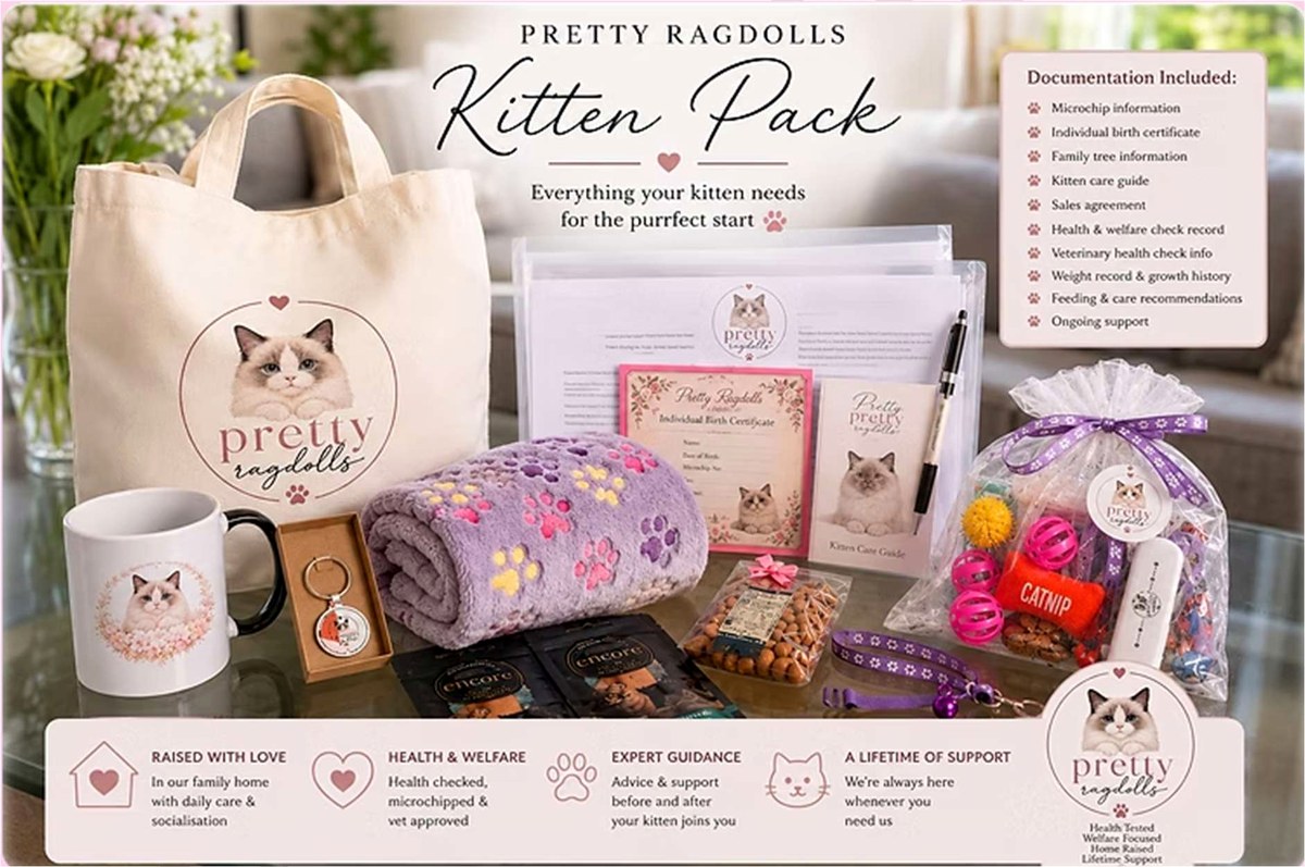 The Pretty Ragdolls kitten pack laid out in full: tote bag, paw print blanket, mug, keyring, birth certificate and document folder, food samples, treats, toys, catnip, a collar and grooming brush, with the included documentation listed alongside