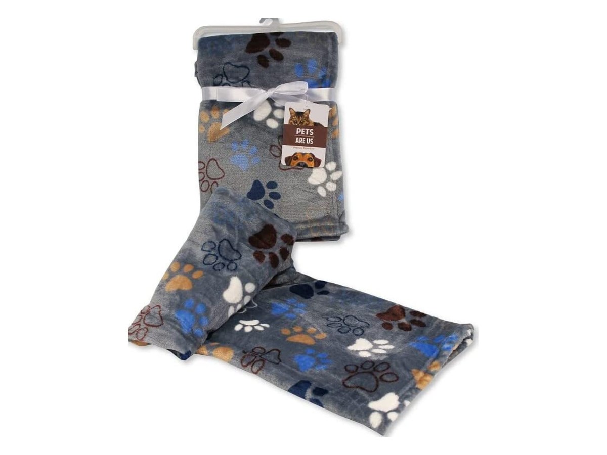 Soft grey paw print pet blanket, 70 by 100 centimetres