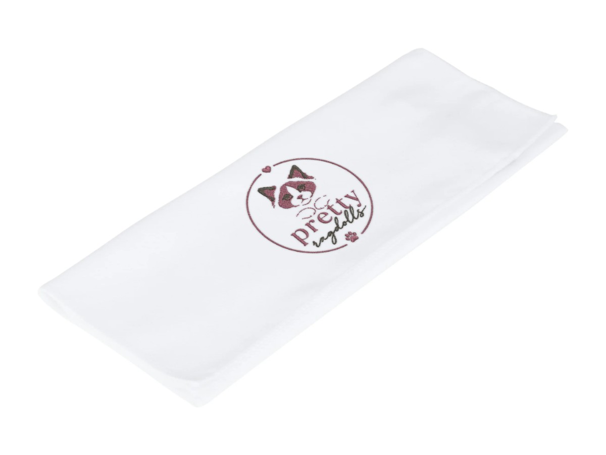 Pretty Ragdolls soft white blanket, 30 by 50, embroidered with the Pretty Ragdolls logo
