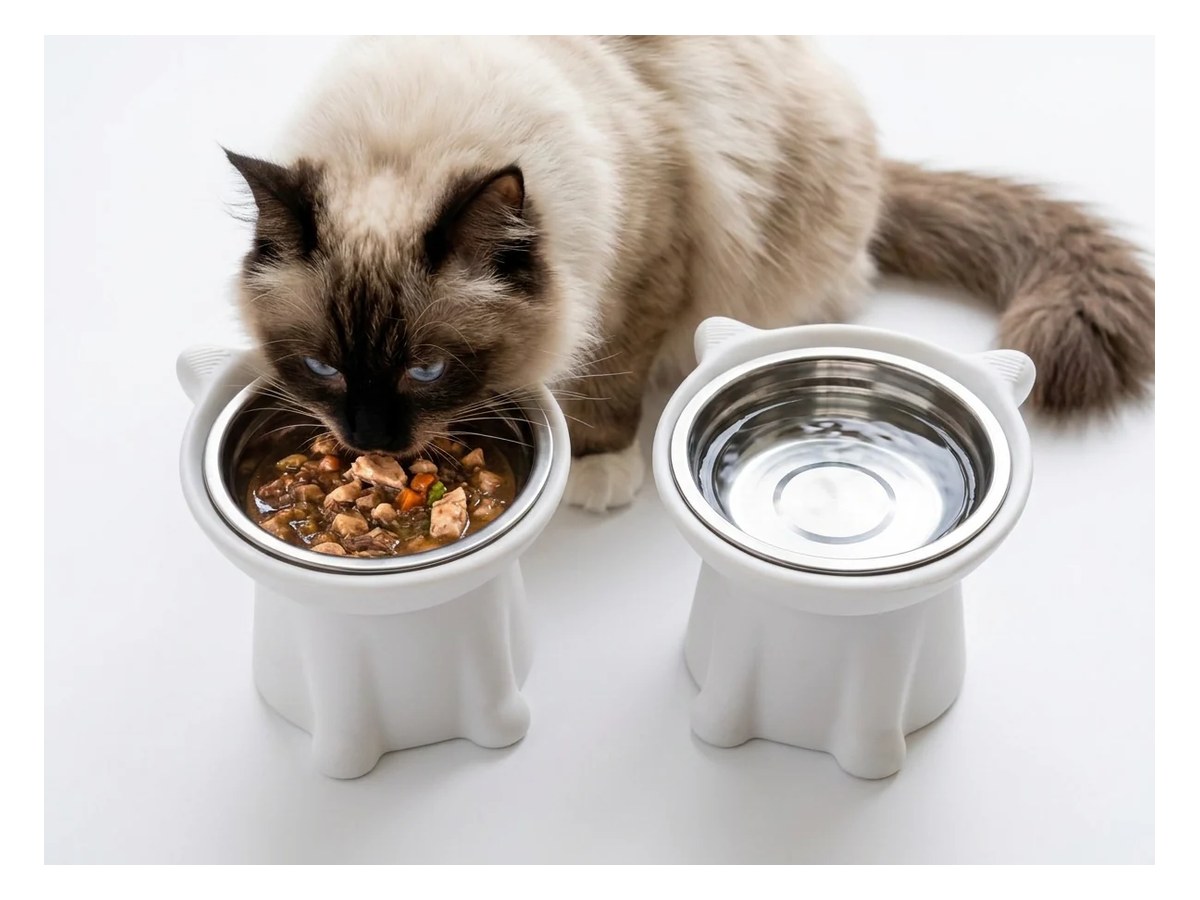 Ragdoll cat eating from two cat shaped raised bowls, food and water