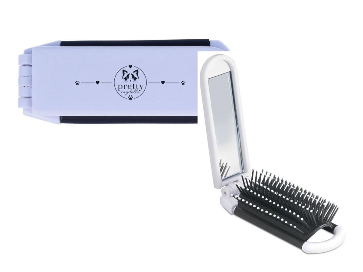 Pretty Ragdolls foldable hairbrush, closed with the logo printed on the case and folded open to show the mirror and brush