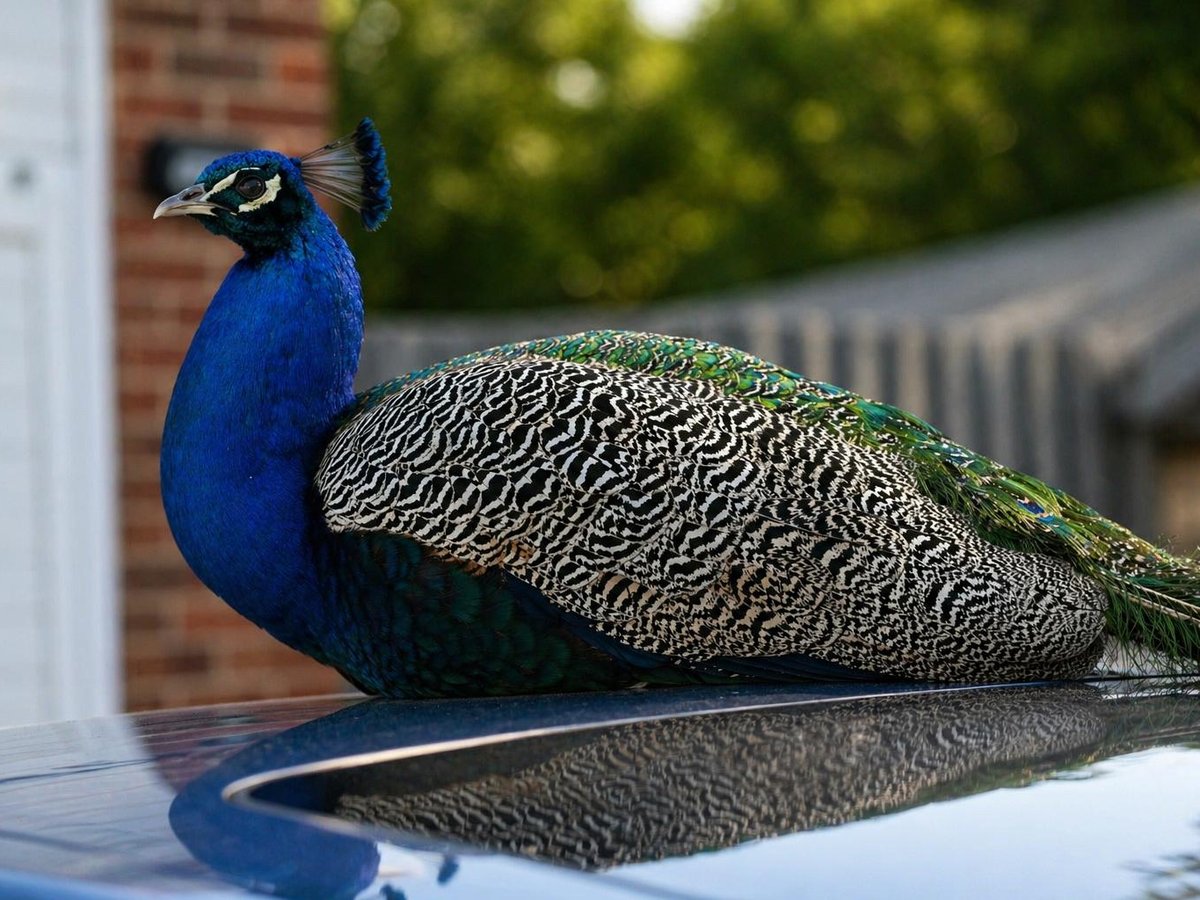 The colony peacock sitting on the roof of a car