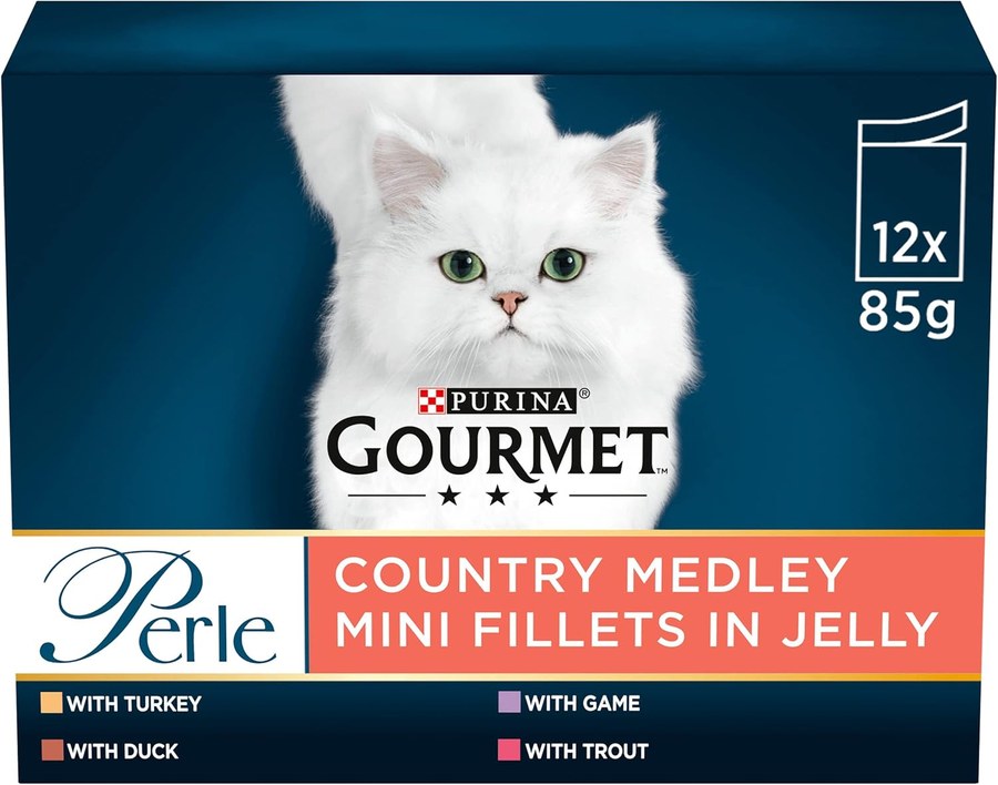 Gourmet Perle Country Medley mini fillets in jelly, box of twelve 85g pouches with turkey, duck, game and trout