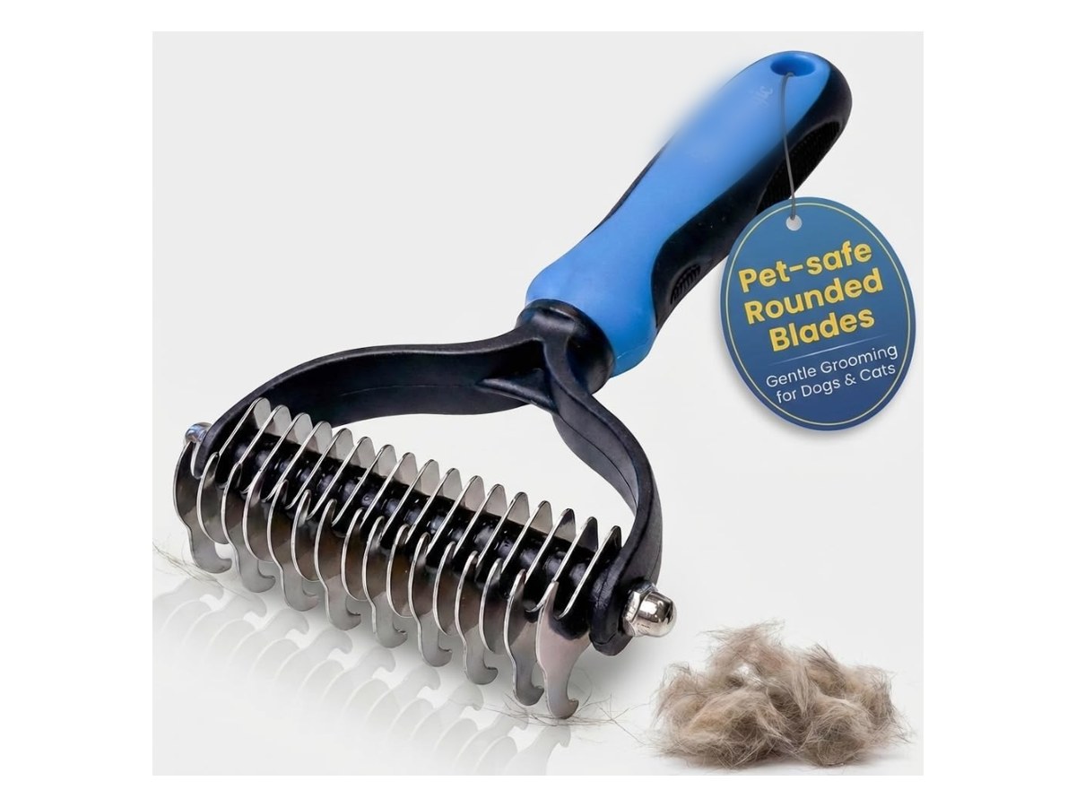 Dual sided dematting comb and undercoat rake with rounded pet safe blades