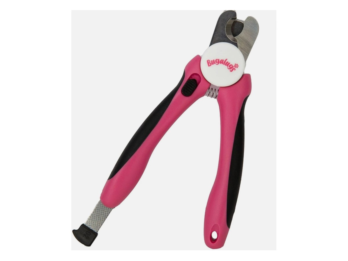 Bugalugs pet nail clippers with safety guard and built in nail file, pink and black