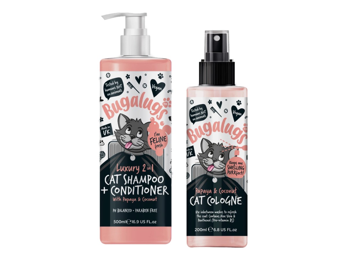 Bugalugs papaya and coconut grooming kit, luxury 2 in 1 cat shampoo and conditioner 500ml with cat cologne 200ml