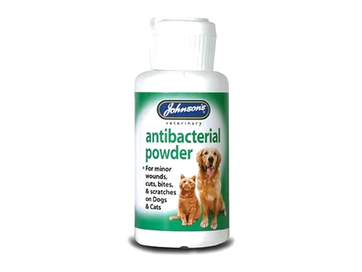 Johnsons veterinary antibacterial powder for minor wounds, cuts, bites and scratches on dogs and cats