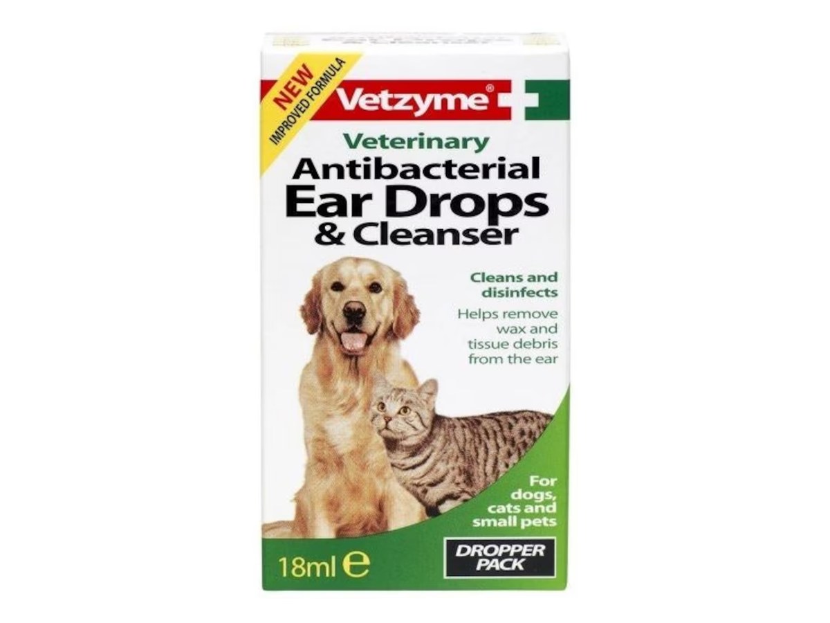 Vetzyme veterinary antibacterial ear drops and cleanser, 18ml dropper pack for dogs, cats and small pets