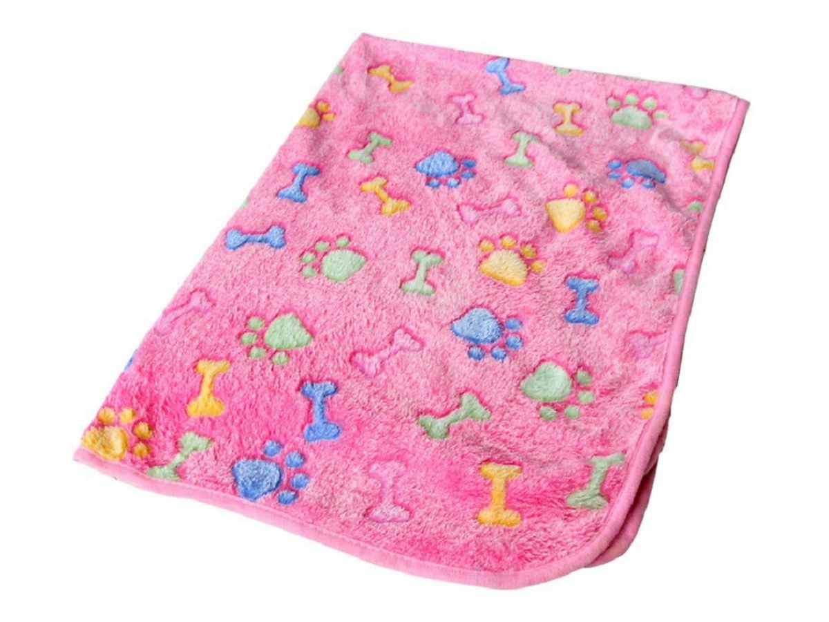 Soft pink fleece pet mat with paw and bone print