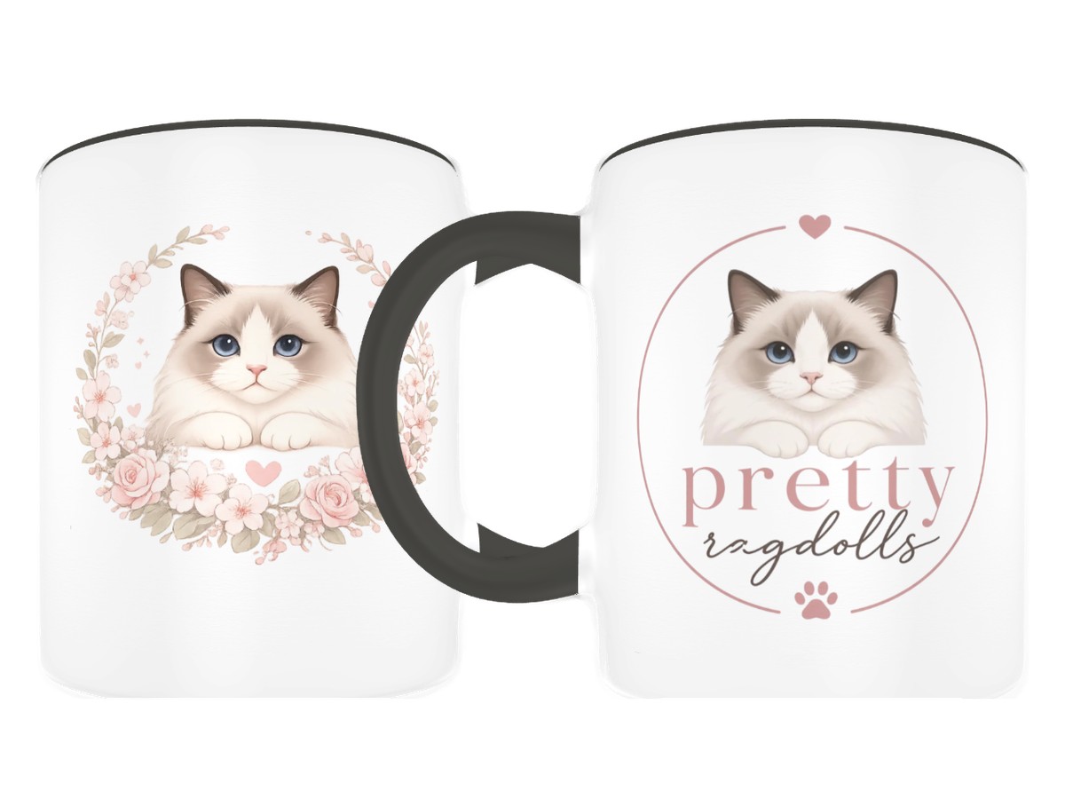 Pretty Ragdolls mug, front with a floral wreath Ragdoll illustration and back with the Pretty Ragdolls logo, white ceramic with a black handle and rim