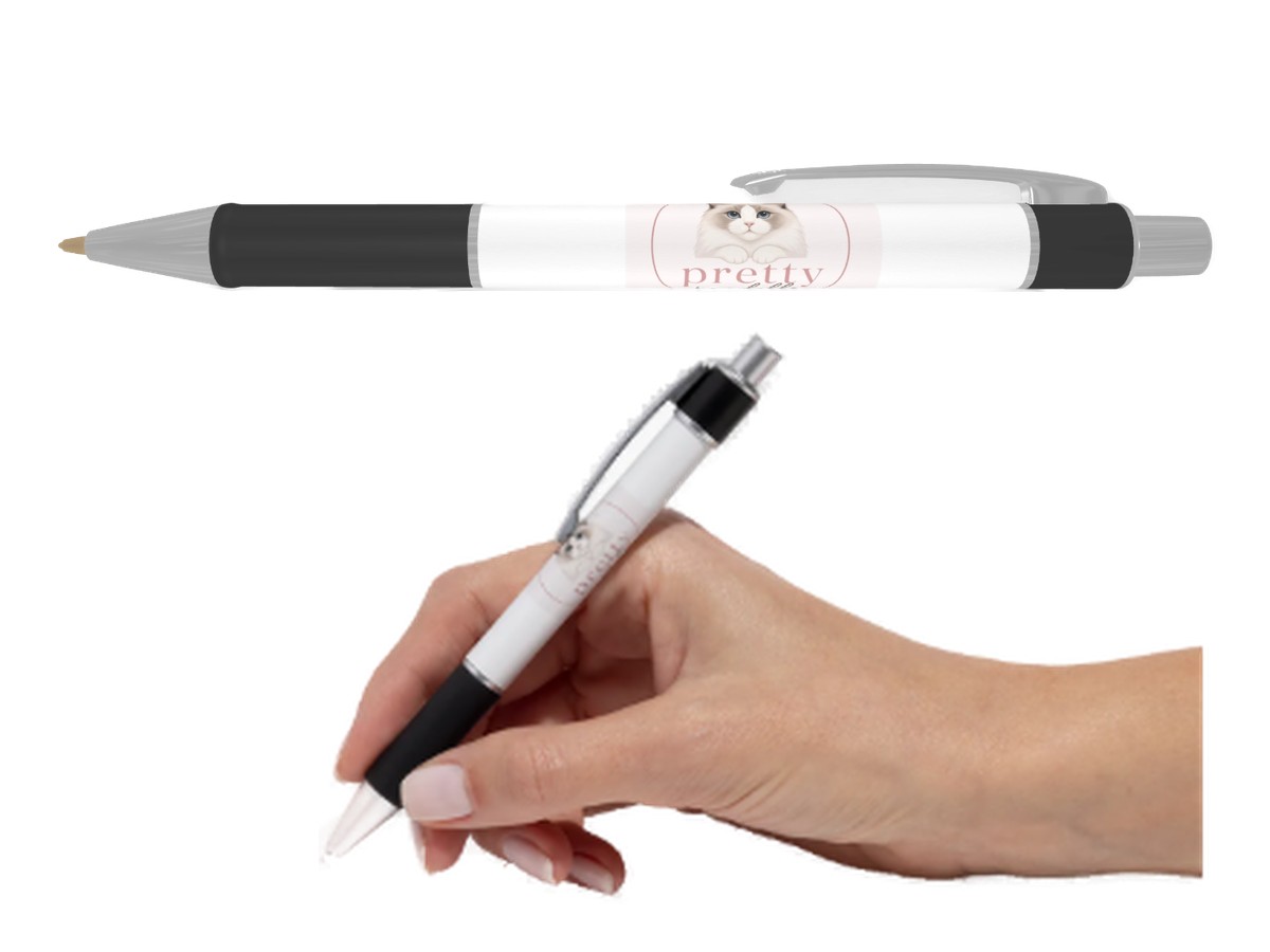 Pretty Ragdolls ballpoint pen with the Ragdoll logo printed on the white barrel, shown alone and in hand