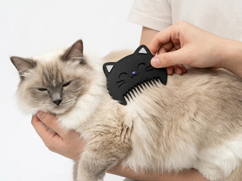 Cat shaped grooming comb being used on a Ragdoll