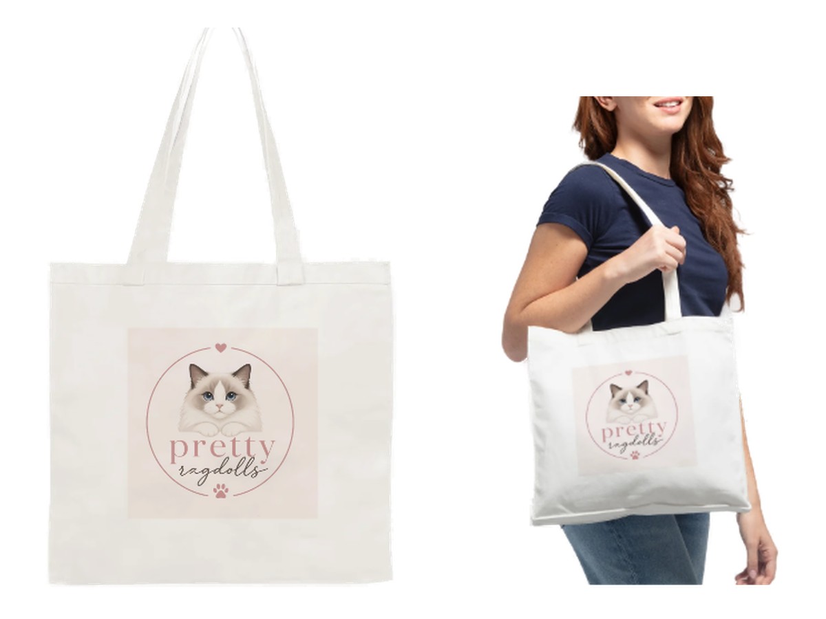 Pretty Ragdolls cotton tote bag, 34 by 34 centimetres, with the Ragdoll logo print, shown flat and carried on a shoulder